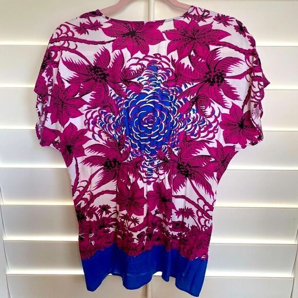 Cabi Vintage Fuchsia & Blue Hawaiian inspired tropical print blouse. Sz S - Picture 2 of 6